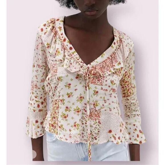 ZARA RUFFLED PATCHWORK PRINT SHIRT - Picture 1 of 4